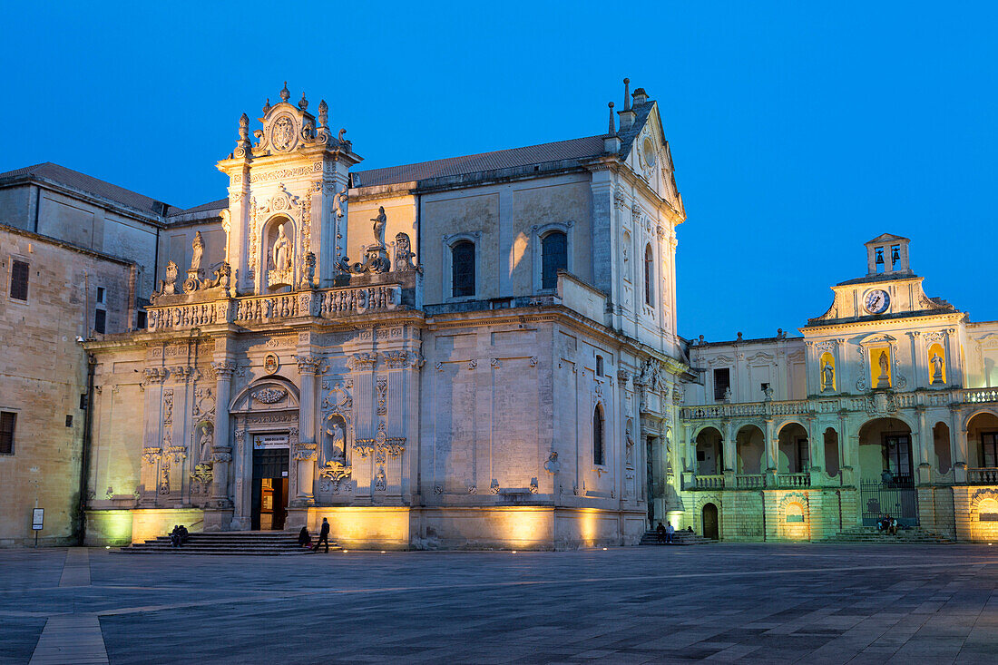 Cattedrale di Santa Maria Assunta in the baroque city of Lecce at night, Puglia, Italy, Europe