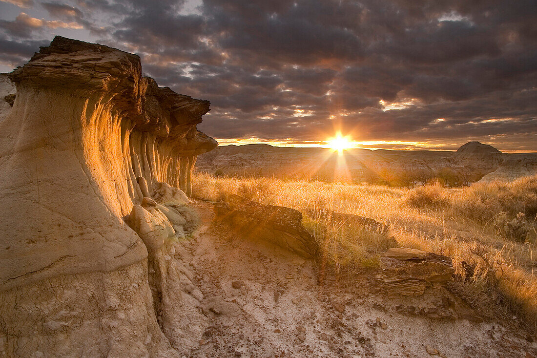 Hoodoos At Sunset In Dinosaur Provincial Park, Alberta, Canada