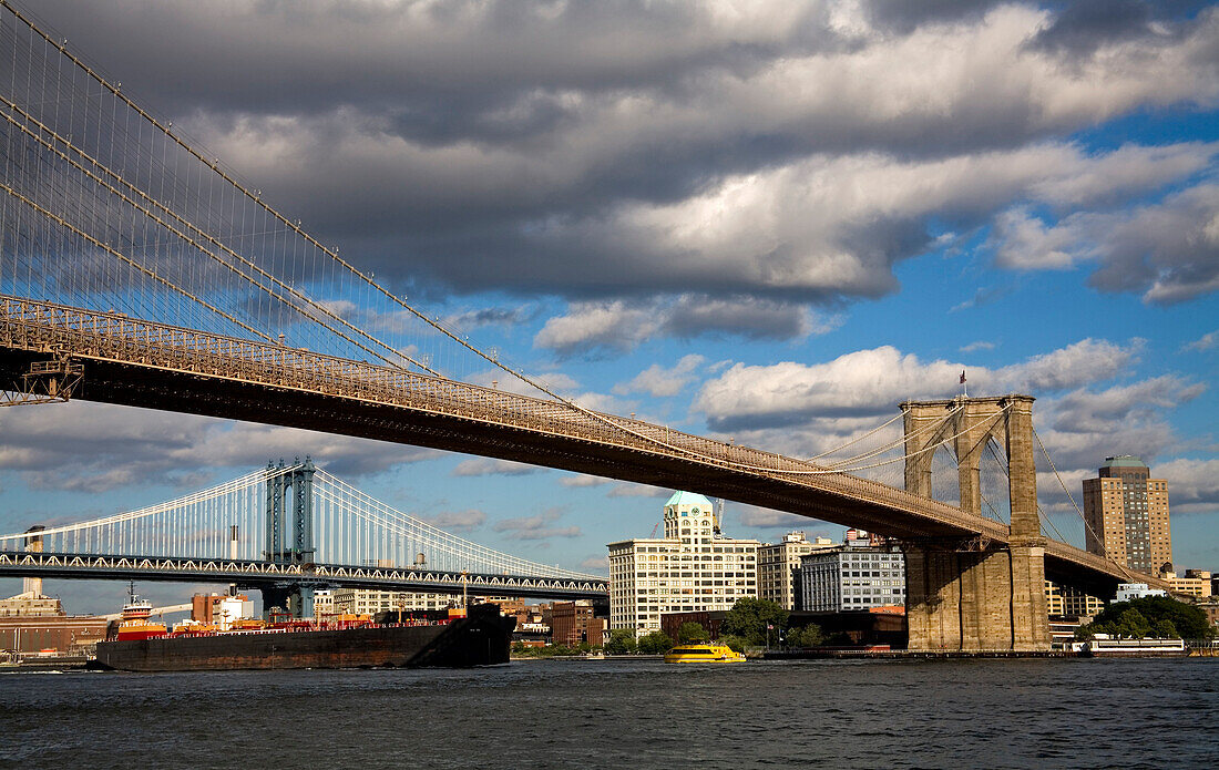 Brooklyn Bridge & Brooklyn Heights Skyline Viewed From Lower Manhattan, New York City, New York, Usa