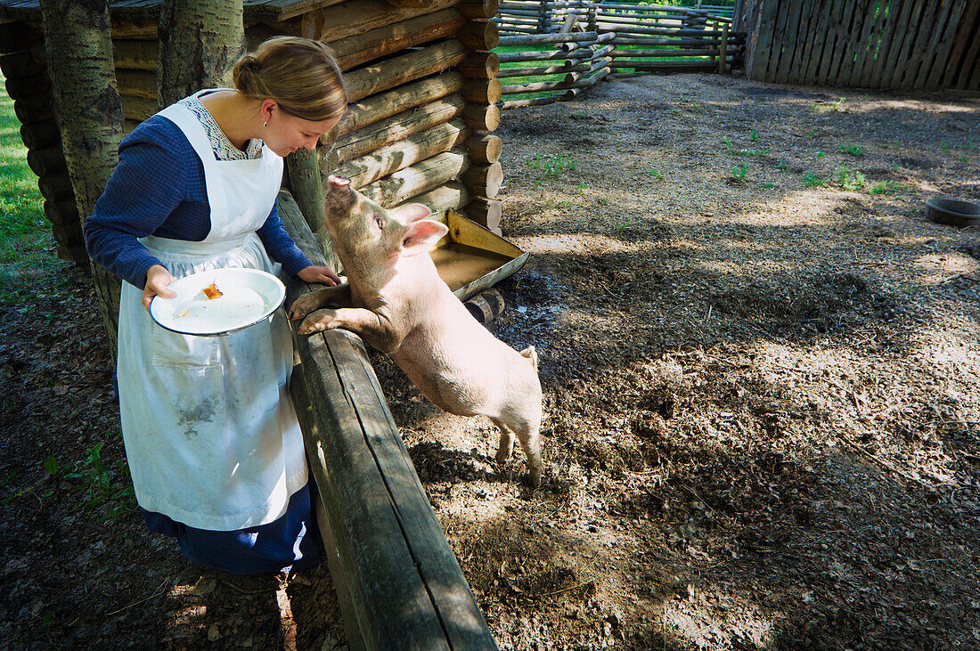 Woman Wearing Pioneer Costume Feeding Pig, Fort Edmonton, Alberta, Canada
