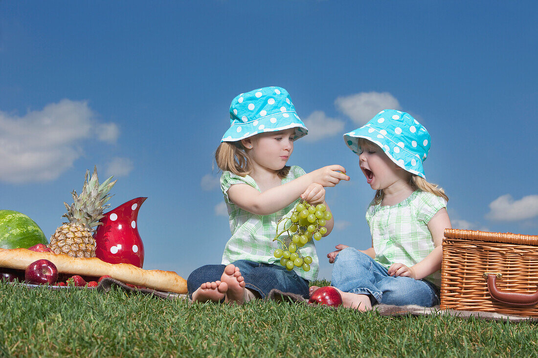 Two Young Girls Sharing Grapes At A Picnic