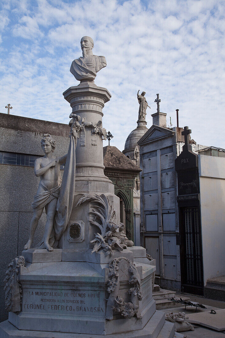 'Buenos Aires, Argentina; Stone Statues On A Mausoleum In Recoleta Cemetery'