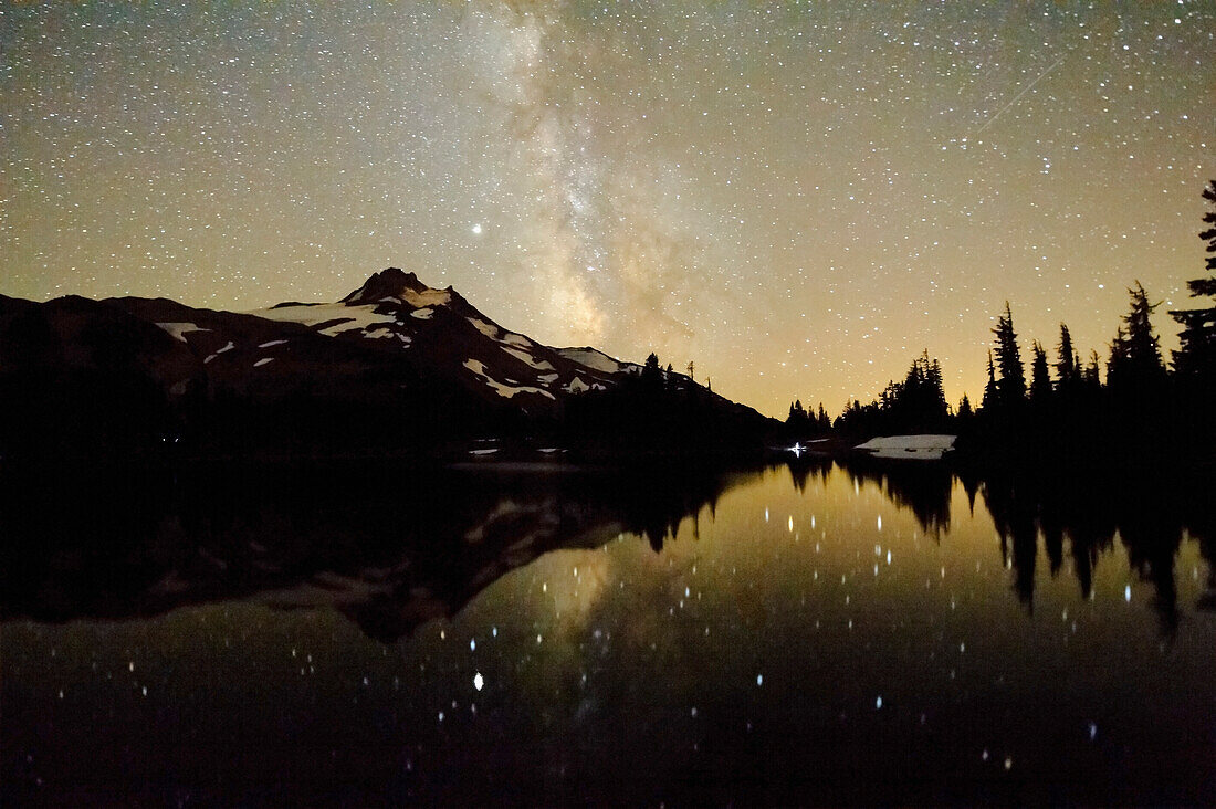 'Oregon, United States Of America; Milky Way Over Mt. Jefferson Reflected In Russell Lake'