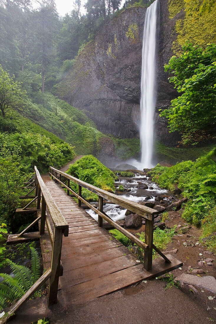 'A Bridge Over Columbia River And Latourell Falls In Columbia River Gorge National Scenic Area; Oregon, Usa'