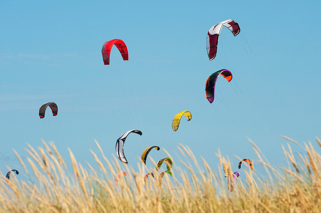 'Kites Of Kite Surfers In Front Of Hotel Dos Mares; Tarifa, Cadiz, Andalusia, Spain'