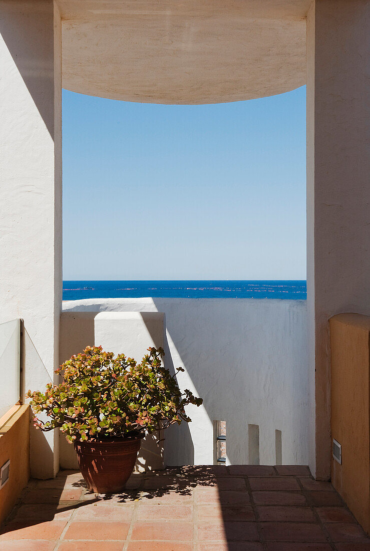'View Of The Ocean From A Patio; Tarifa, Cadiz, Andalusia, Spain'