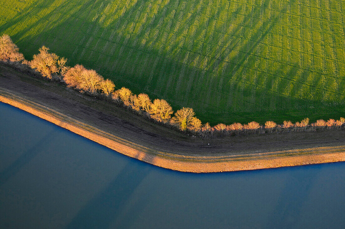 Aerial view of a pond. Sunset on shore V. Trees. Meadow in the background