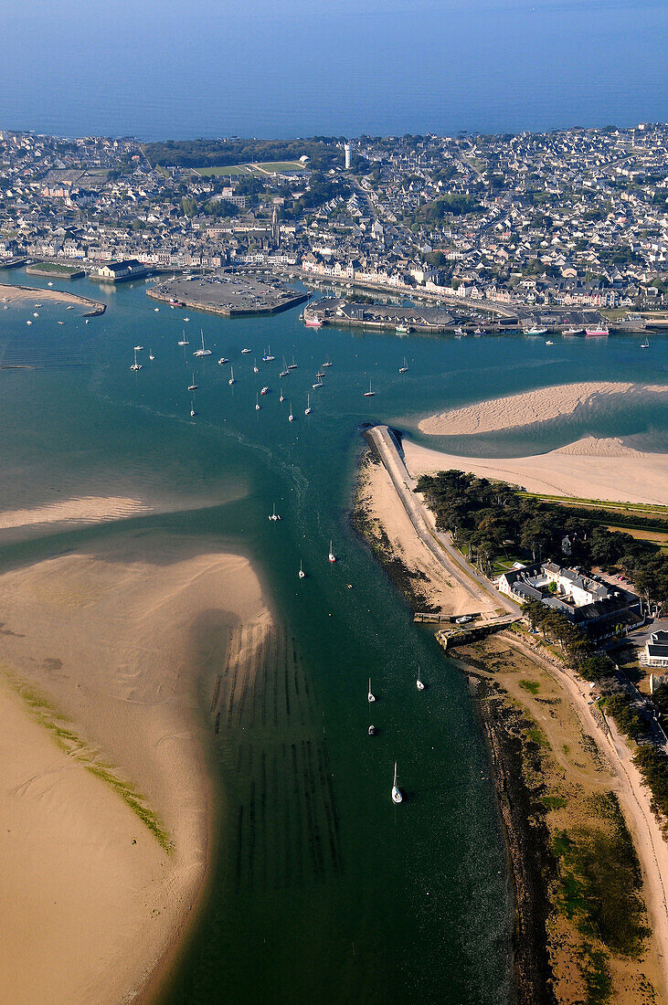 aerial view of the port of Croisic off. Foreground, a river. On the left bank of sand. Sailboat anchor
