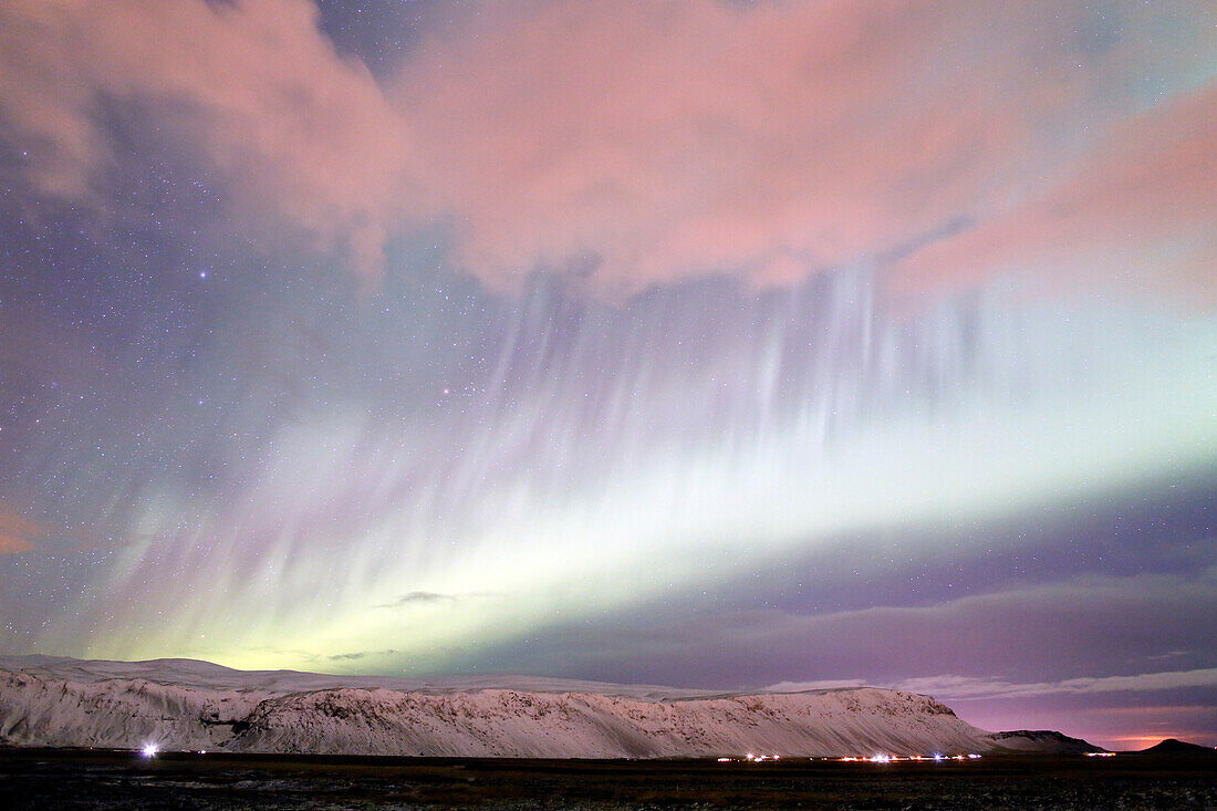 Iceland. Southern region. Selfoss area. Hveragerdi. Aurora Borealis. Stars.