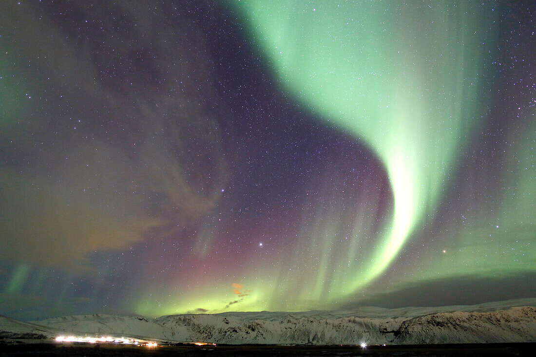 Iceland. Southern region. Selfoss area. Hveragerdi. Aurora Borealis. Stars.