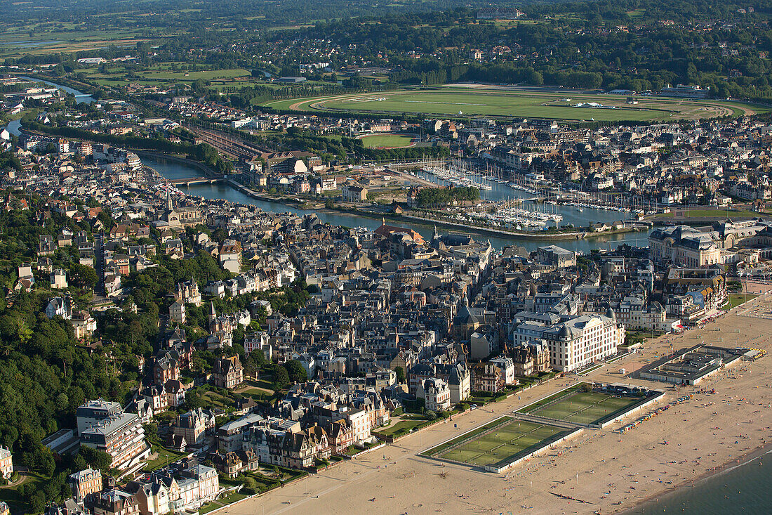 France, Calvados (14), Trouville-sur-Mer, Deauville seaside tourist resorts of the Côte Fleurie (aerial view)