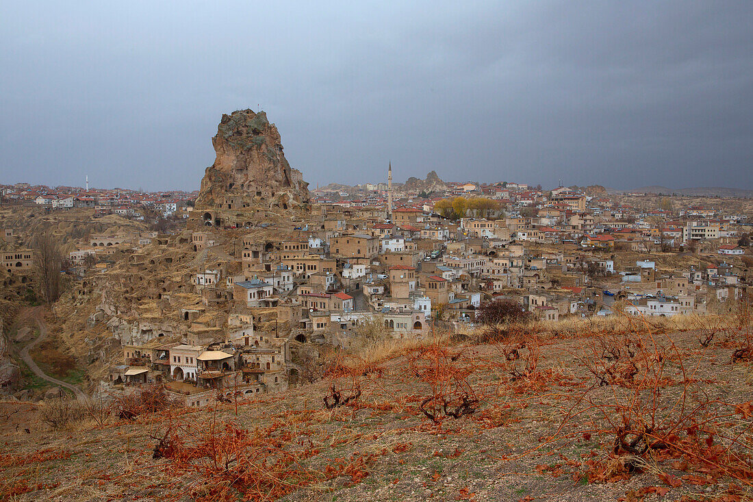 Turkey, Cappadocia, ortahisar village with cave dwellings, natural landscape Heritage of the UNESCO