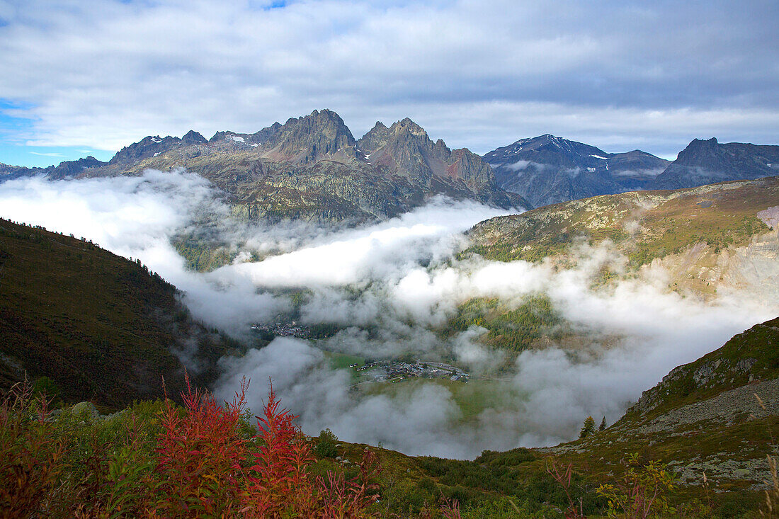 France, Haute-Savoie (74), Red Needles dominate the hamlet Montroc