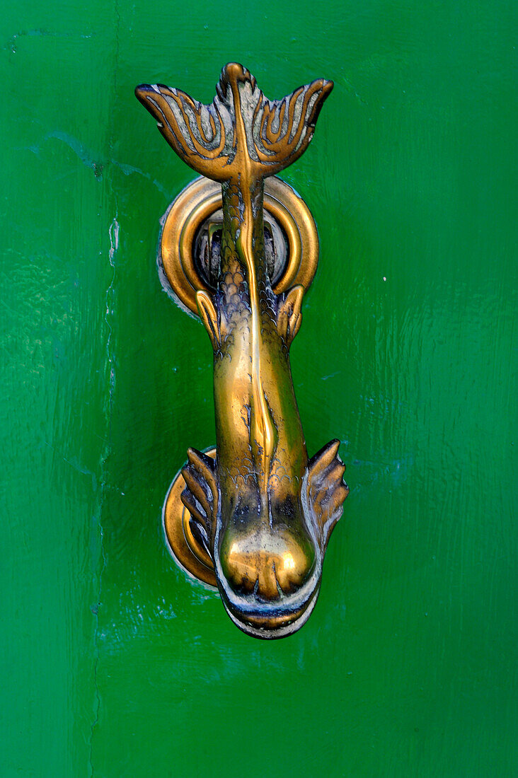 door knocker on green door in Mdina, Malta, Europe