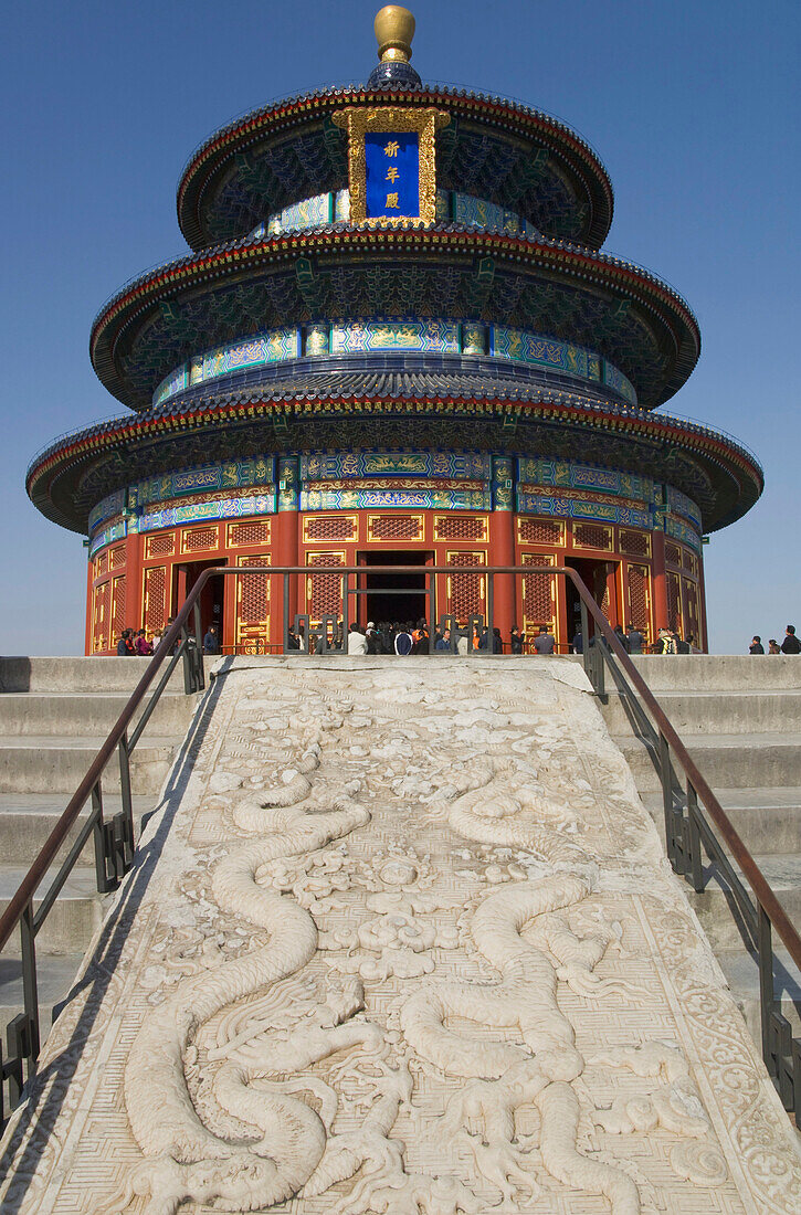 China. Beijing. Chongwen. Temple Of Heaven. Hall Of Prayer For Good Harvest. View With Huge Carved Marble Stone Showing Dragons In Frgd © Eitan Simanor / Axiom