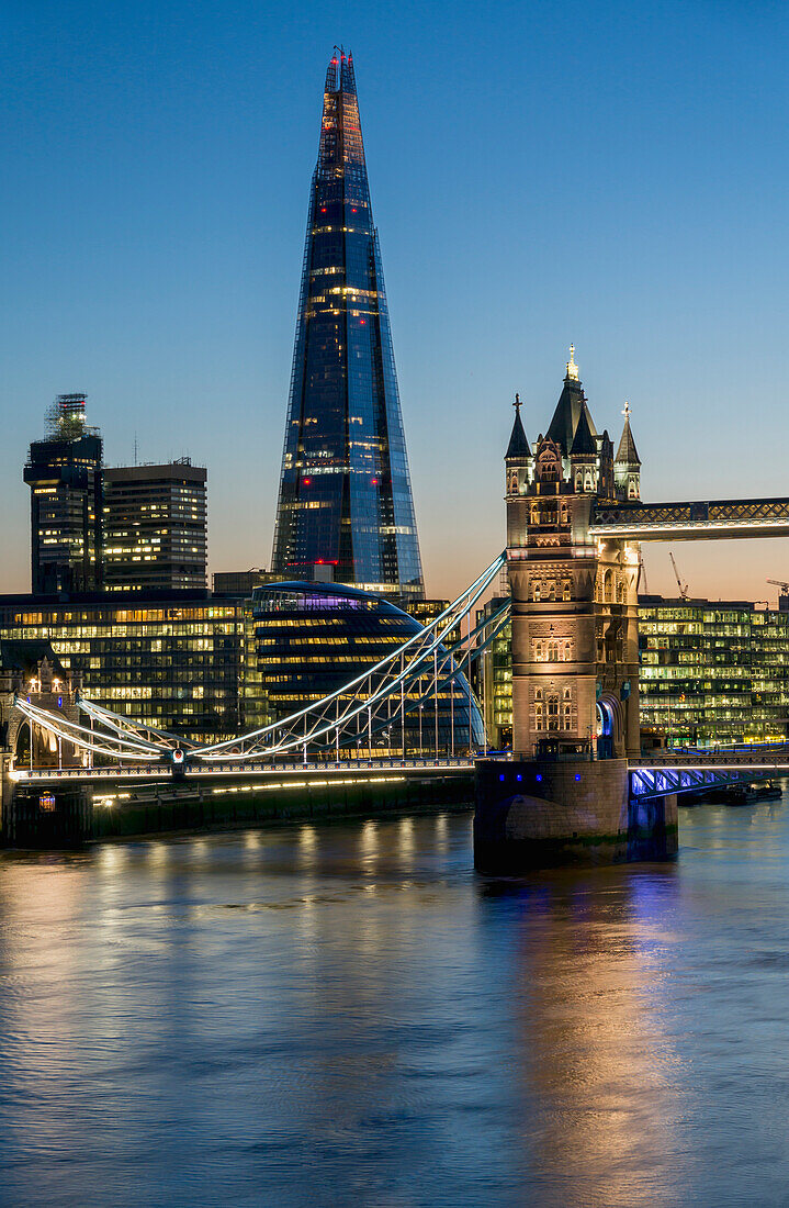 'Shard and Tower Bridge at dusk; London, England'