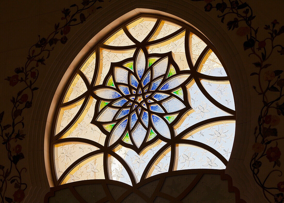 'Design on glass in the Sheikh Zayed Grand Mosque; Abu Dhabi, United Arab Emirates'