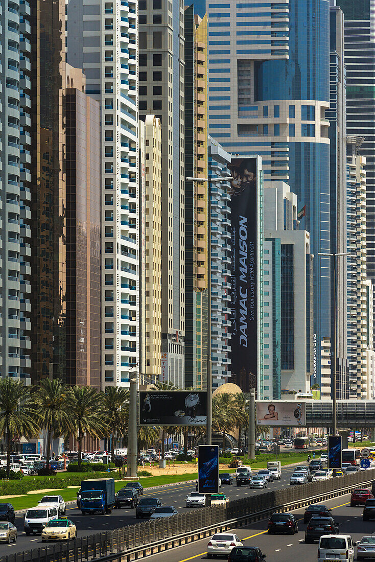 'Apartment and office buildings lining Sheikh Zayed Road; Dubai, United Arab Emirates'