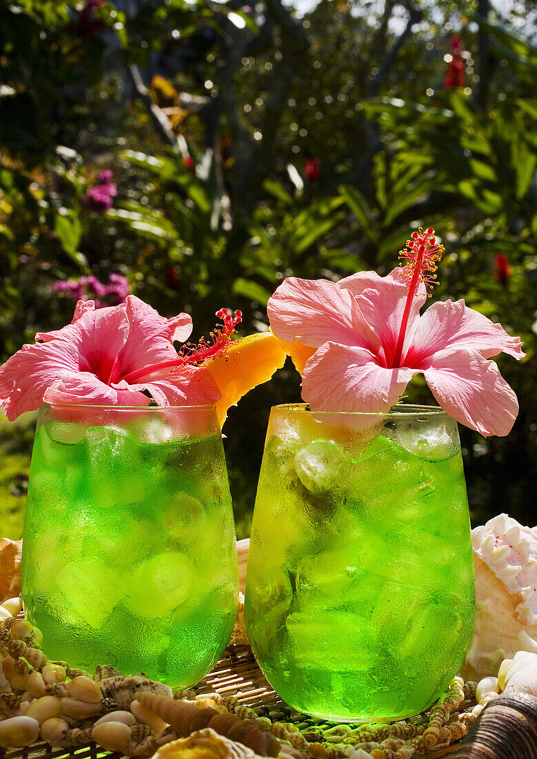 Two Tropical Drinks Garnished With Flowers In An Outdoor Setting.