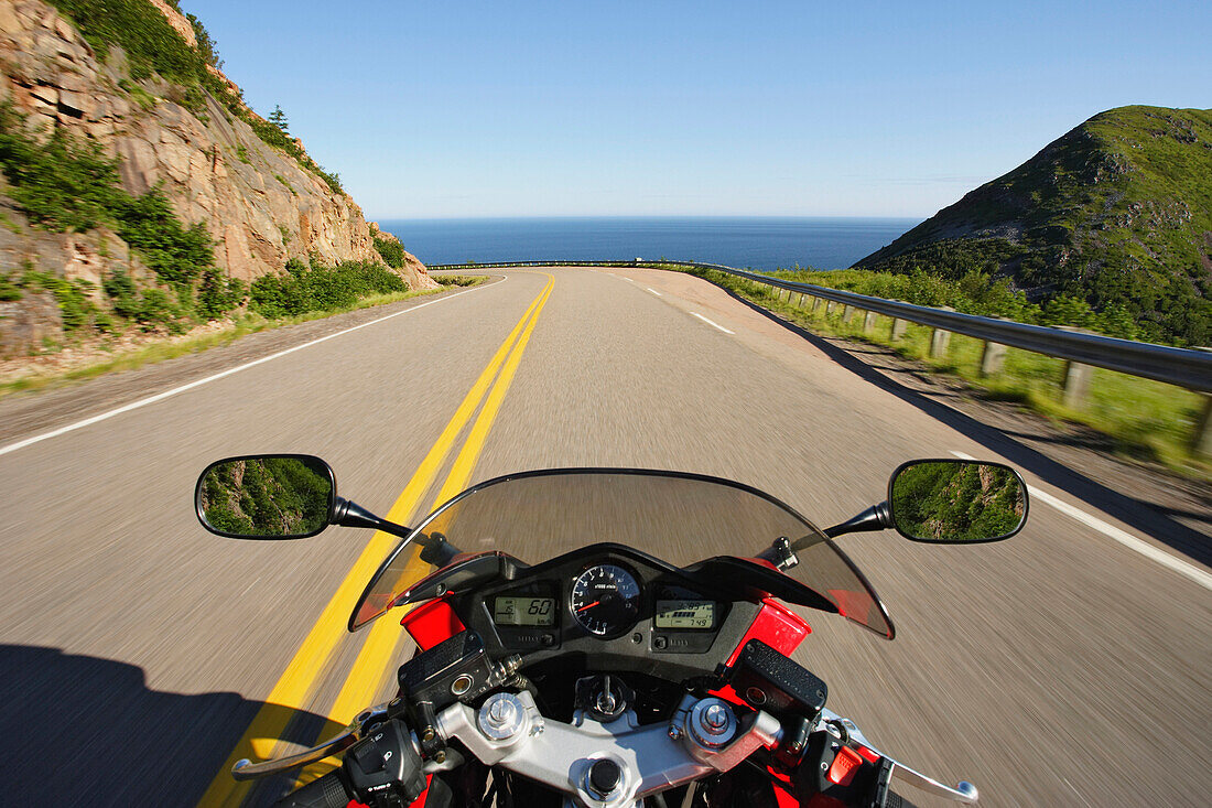 View On Motorcycle In Action On Cabot Trail, Cape Breton Highlands National Park, Nova Scotia, Canada