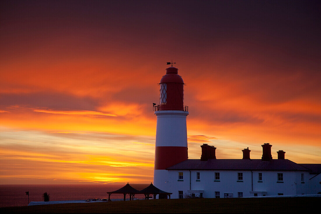 'A Lighthouse At Sunset; Whitburn, Tyne And Wear, England'