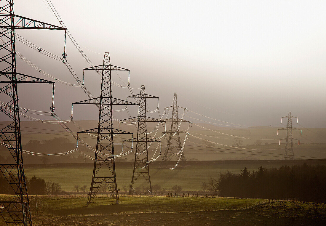 'Electrical Transmission Towers And Lines In A Row Across Fields; Northumberland, England'