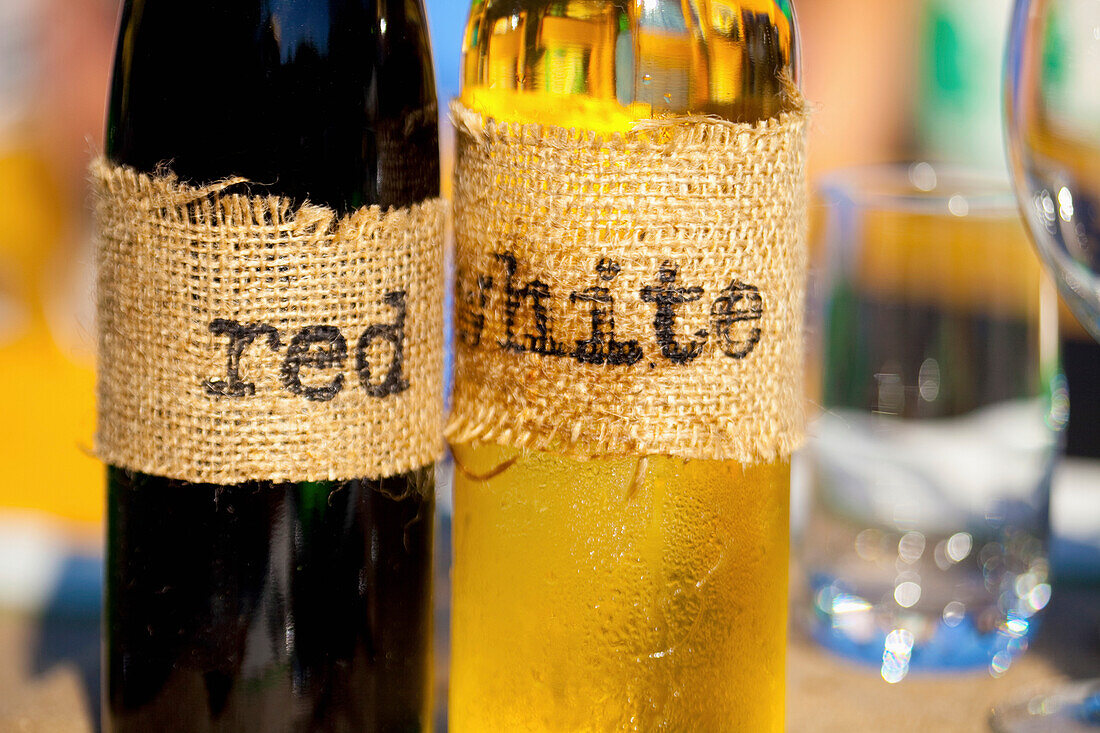 'Homemade Wine Bottles With Burlap Labels; Vancouver, British Columbia, Canada'
