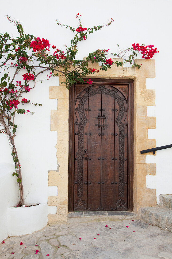 'Wooden Door On A White Building With A Blossoming Vine Growing On The Wall; Vejer De La Frontera, Andalusia, Spain'