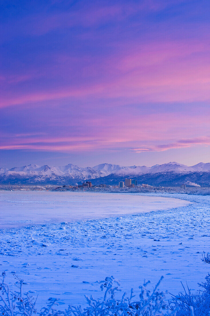 Anchorage Skyline Just Before Dawn, Winter, Southcentral Alaska