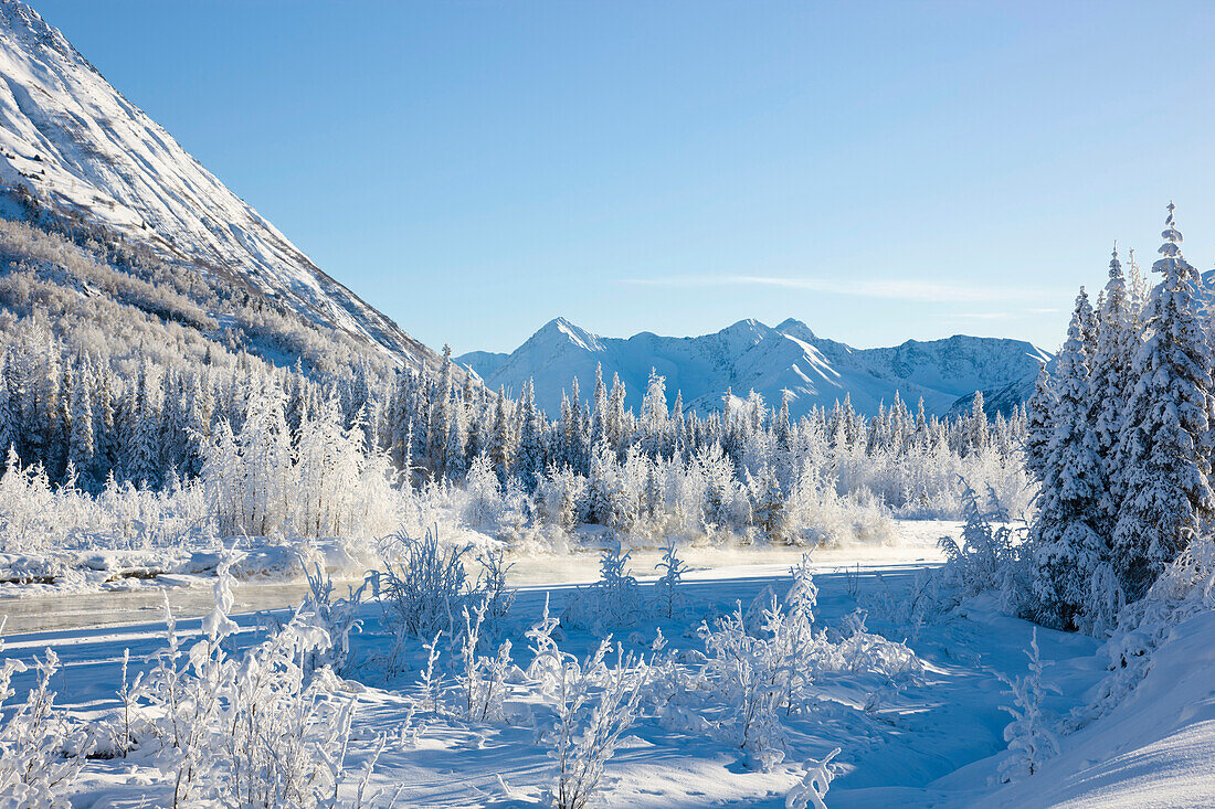 Snow Covered Landscape Along The East Fork Of The Six Mile Creek On The Kenai Peninsula In The Chugach National Forest. Kenai Mountains In The Background, Winter, Southcentral Alaska