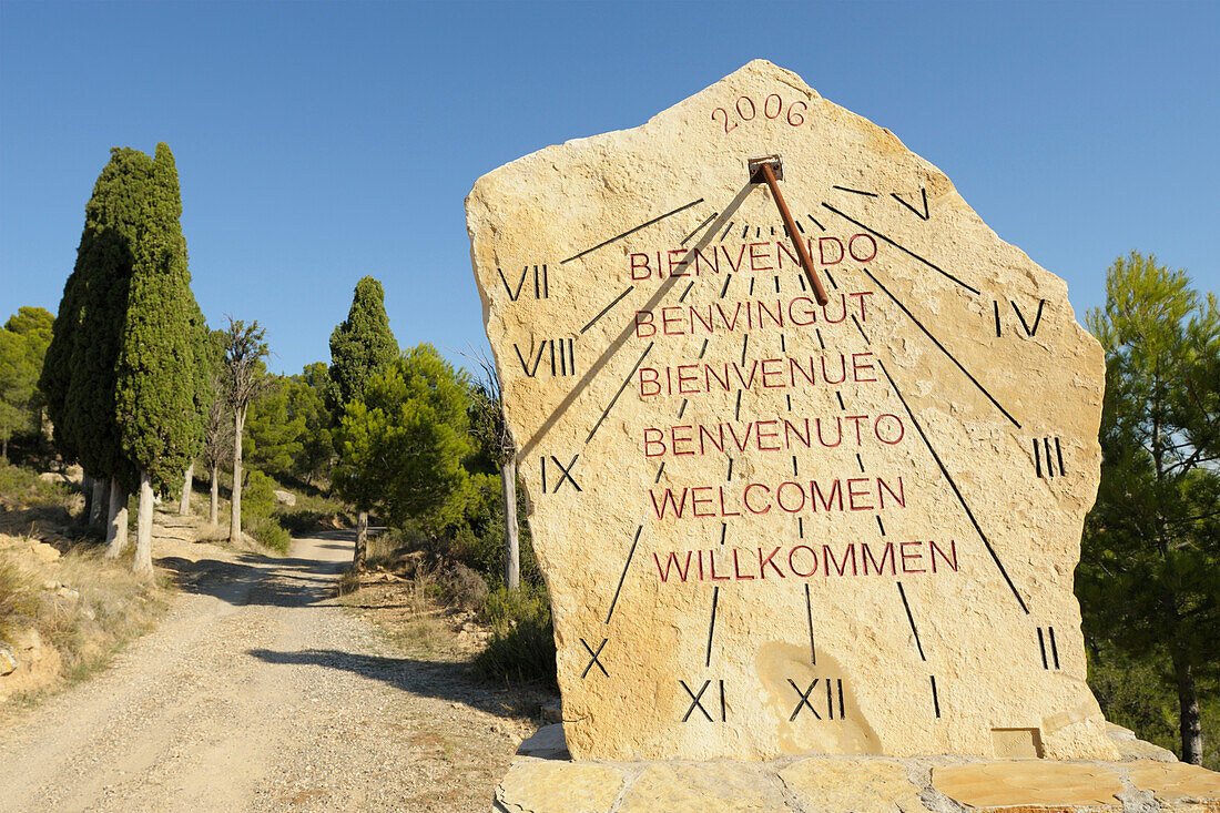 'Welcome Sun Dial In Six Languages; Valdealgorfa, Teruel, Aragon, Spain'
