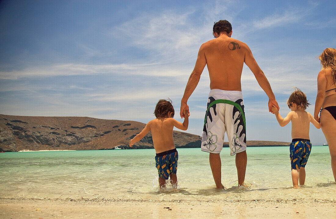 'A Family Walks In The Ocean Water At Los Islotes National Marine Park Espiritu Santo Island; La Paz, Baja, California, Mexico'