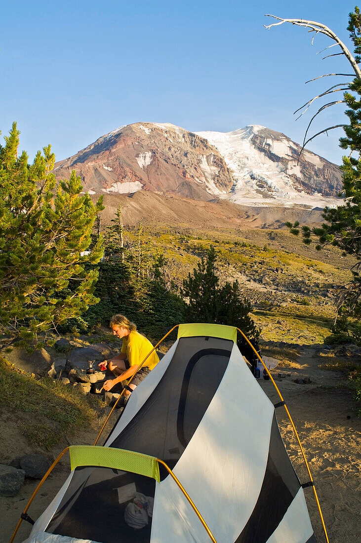 'Mt Adams Wilderness, Washington State, Usa; Camper And Mt Adams'