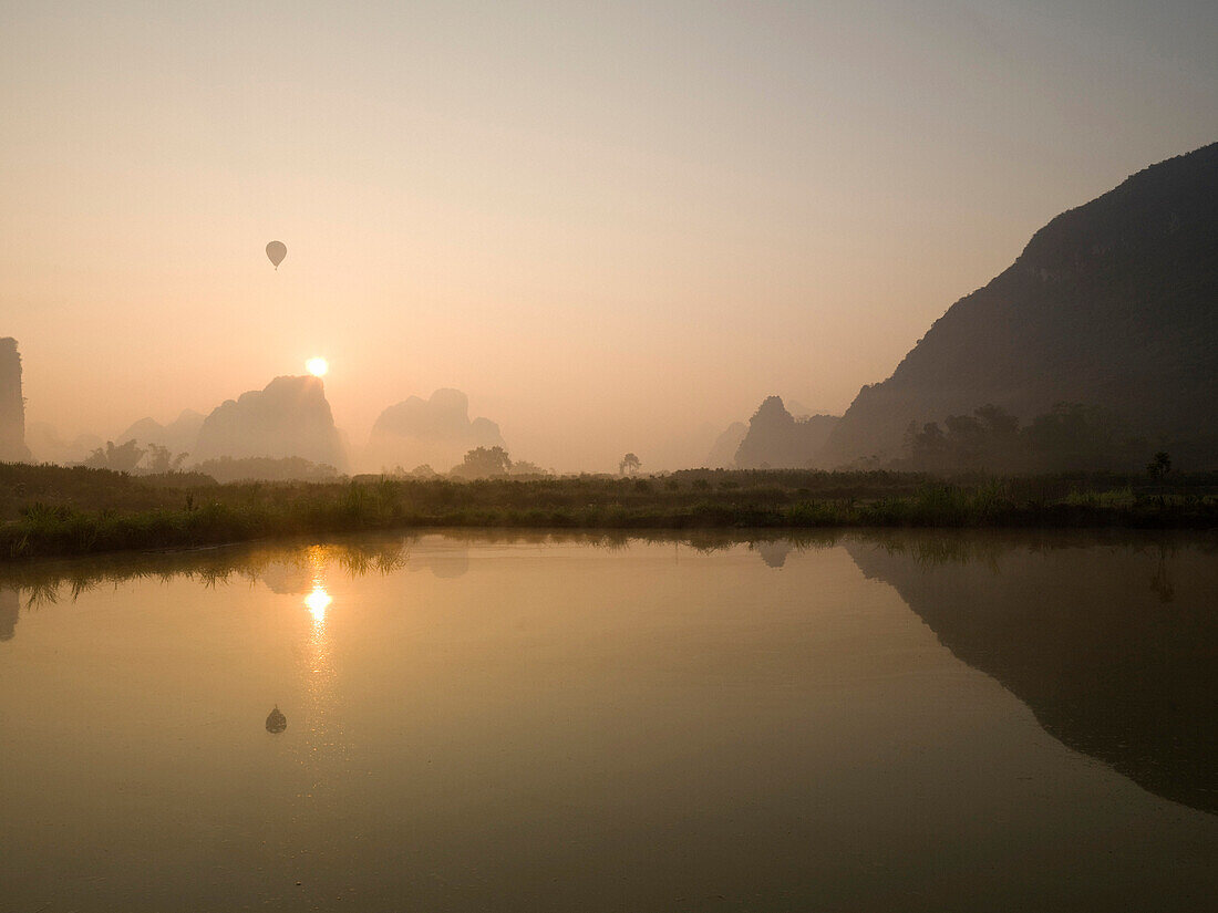 Sun Setting Over The Yulong River, Guangxi, Zhuang Province, China