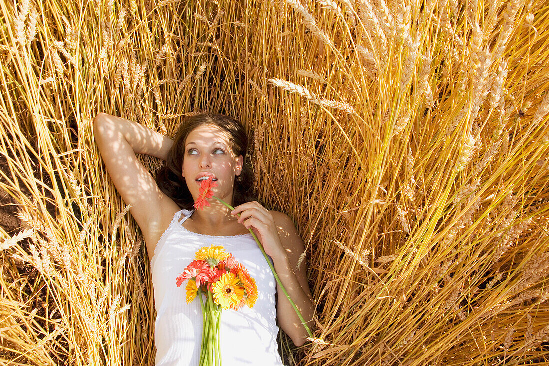 Woman Lying In A Field Of Wheat