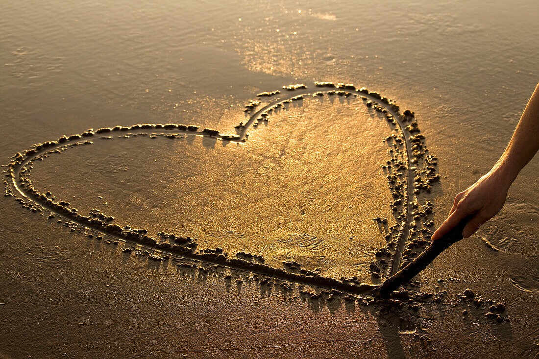 'A Heart Shape Etched Into The Sand On A Beach At Sunset With A Female Hand Holding A Stick; Newport, Oregon, United States of America'