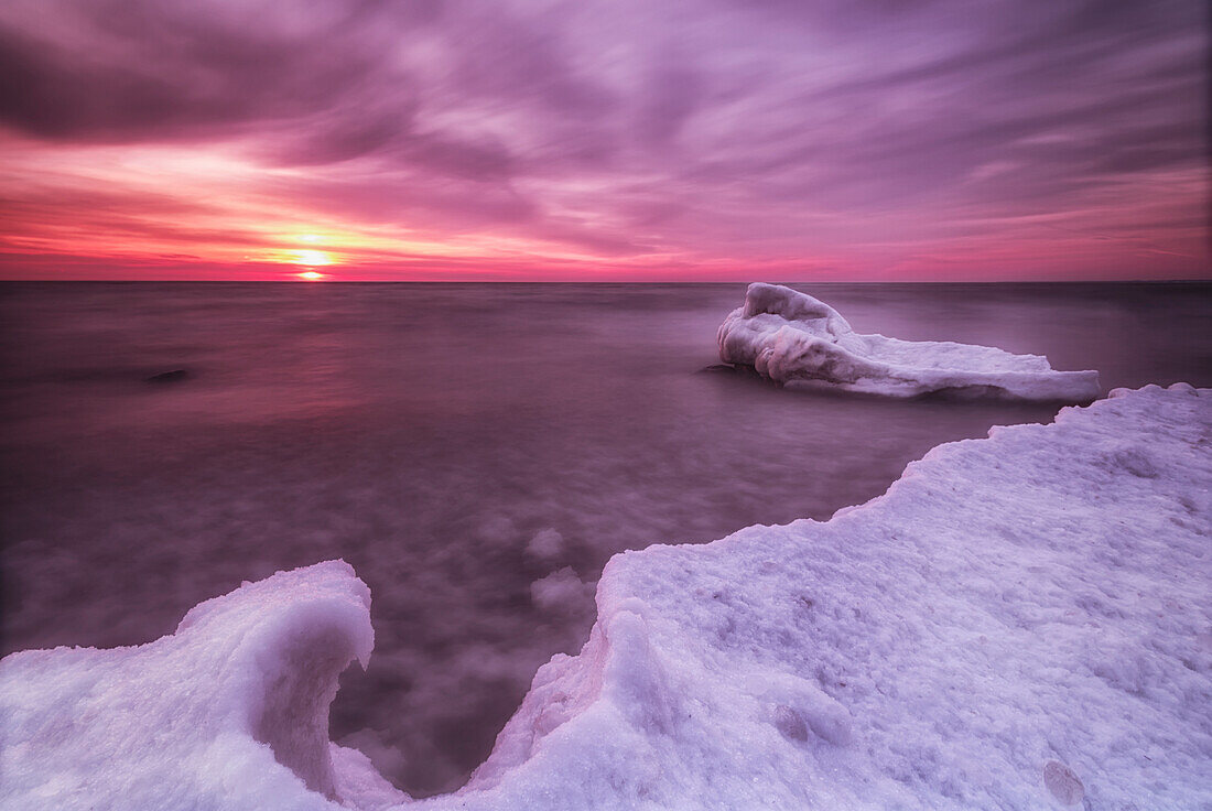 'Sunrise and ice on the shores of Lake Michigan; Wisconsin, United States of America'