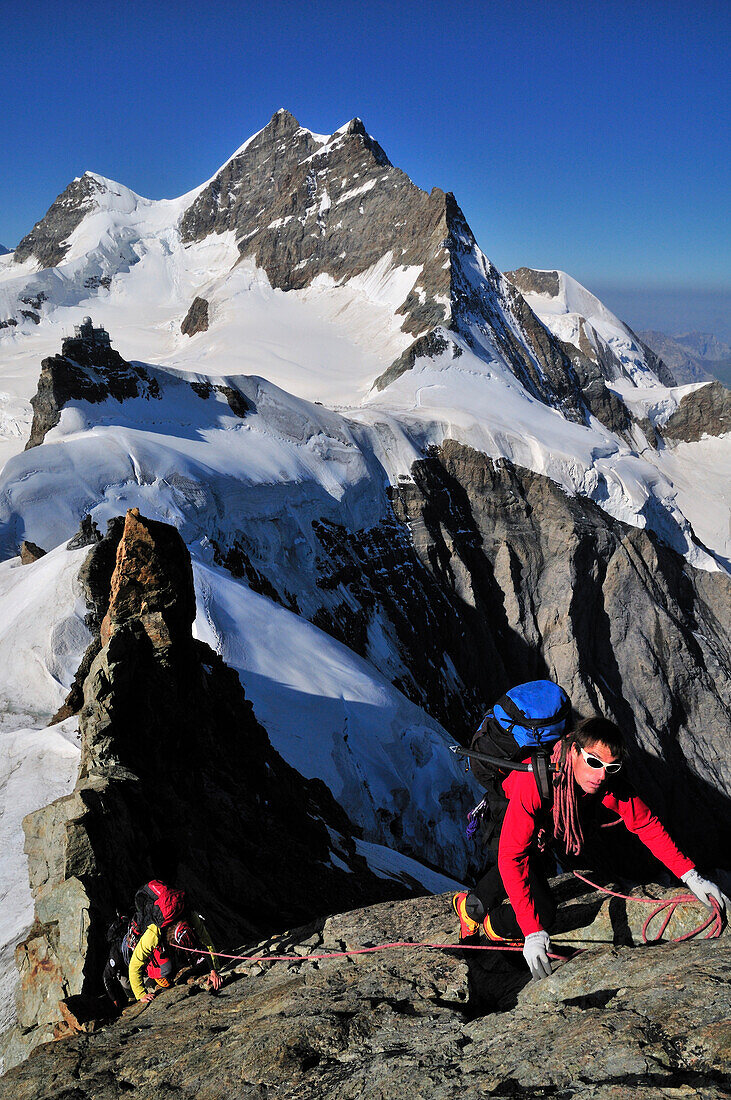 Bergsteiger am Südwestgrat des Mönch (4107 m), Jungfrau (4158 m) im Hintergrund, Berner Alpen, Schweiz