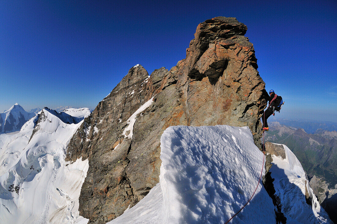 Bergsteiger am Nordostgrat der Jungfrau (4158 m), Berner Alpen, Schweiz