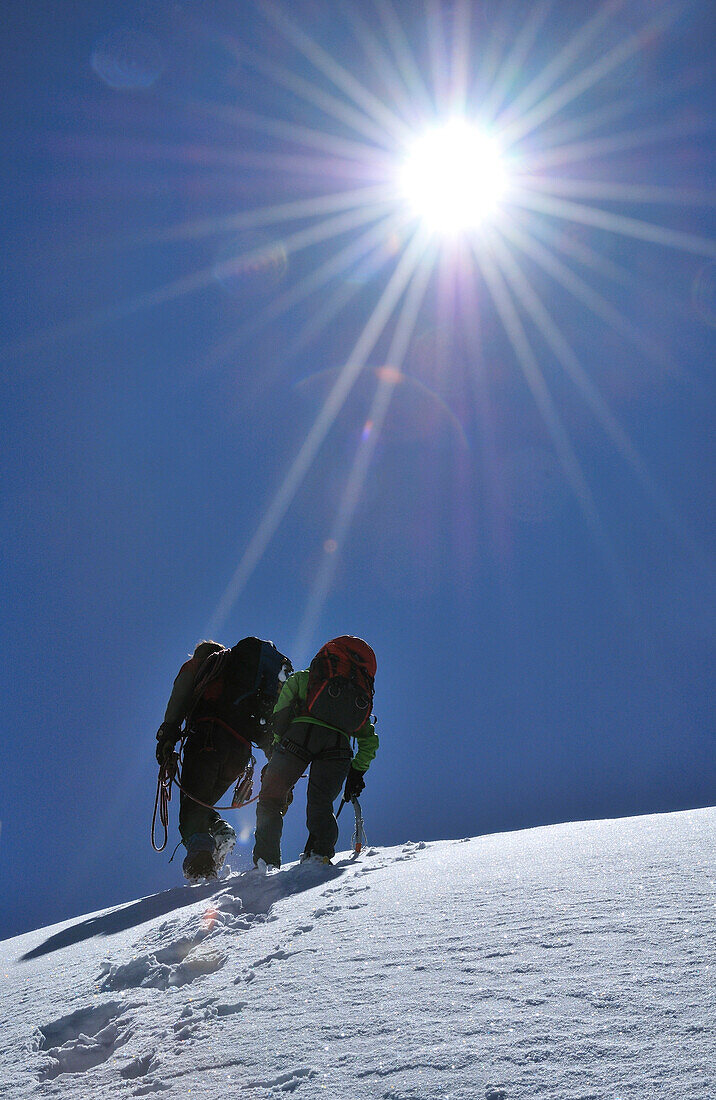 Mountaineers on the northridge of Weisshorn (4506 m), Wallis, Switzerland