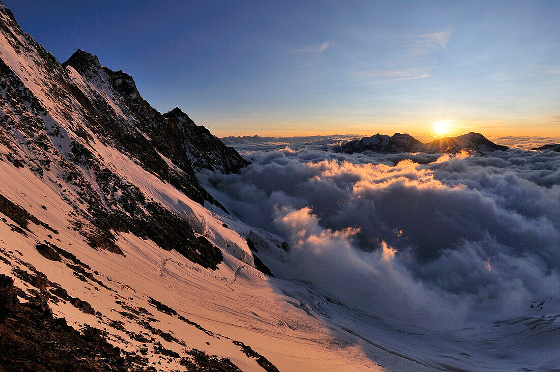 Sonnenaufgang am Täschhorn, Weissmiesgruppe (4017 m) über den Wolken, Wallis, Schweiz