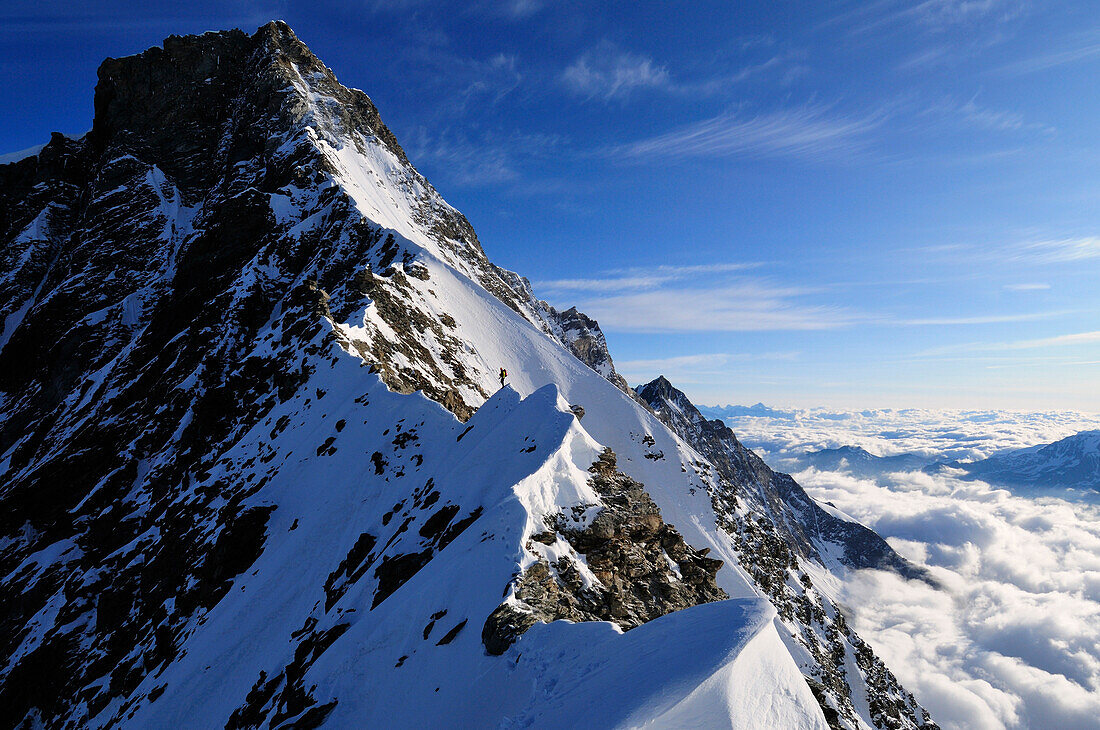 Climber at the Southeastridge of Täschhorn (4491 m), Wallis, Switzerland