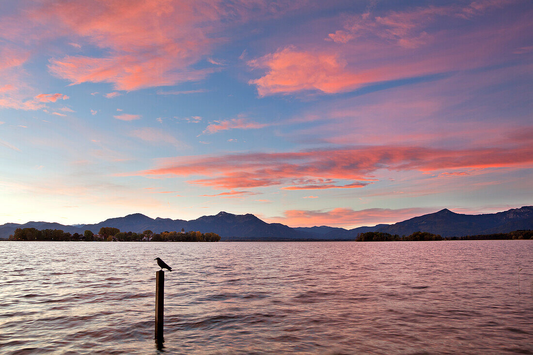 Blick über den Chiemsee zur Fraueninsel, bei Gstadt, Chiemsee, Chiemgau, Bayern, Deutschland