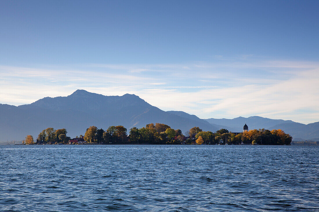 View over Chiemsee to Fraueninsel, near Gstadt, Chiemsee, Chiemgau region, Bavaria, Germany