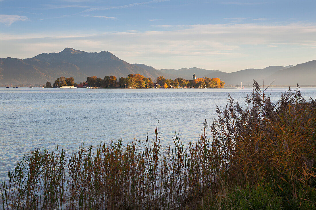 View over Chiemsee to Fraueninsel, near Gstadt, Chiemsee, Chiemgau region, Bavaria, Germany