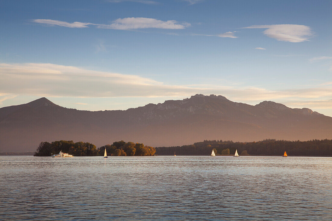 Excursion ship and sailing boats on Chiemsee, near Gstadt, Chiemsee, Chiemgau region, Bavaria, Germany