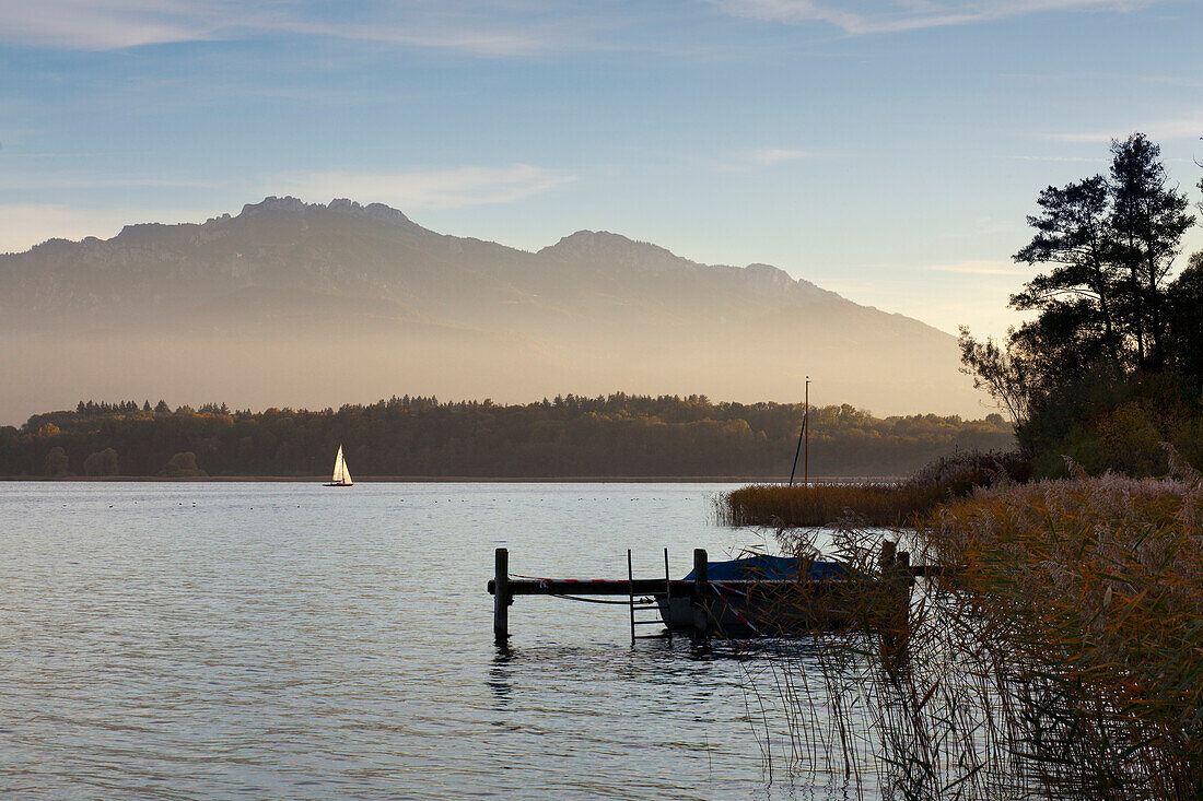 Sailing boat on Chiemsee, near Gstadt, Chiemsee, Chiemgau region, Bavaria, Germany