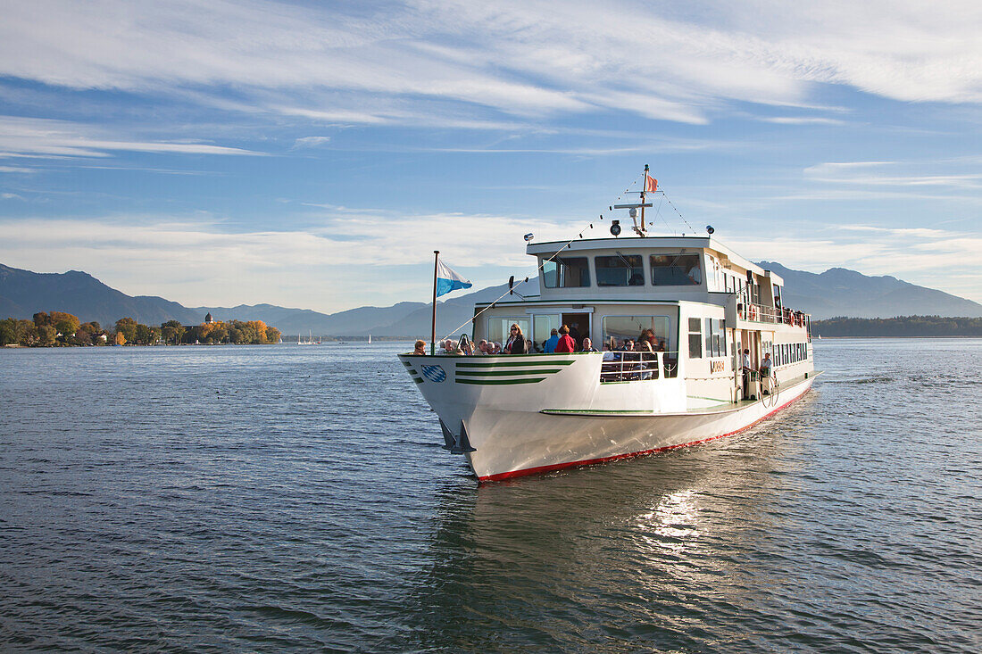 Excursion ship, view to Fraueninsel, near Gstadt, Chiemsee, Chiemgau region, Bavaria, Germany