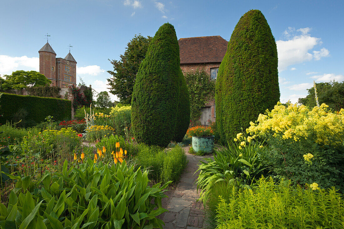 View from the Cottage Garden to the Elizabethan tower, Sissinghurst Castle Gardens, Kent, Great Britain