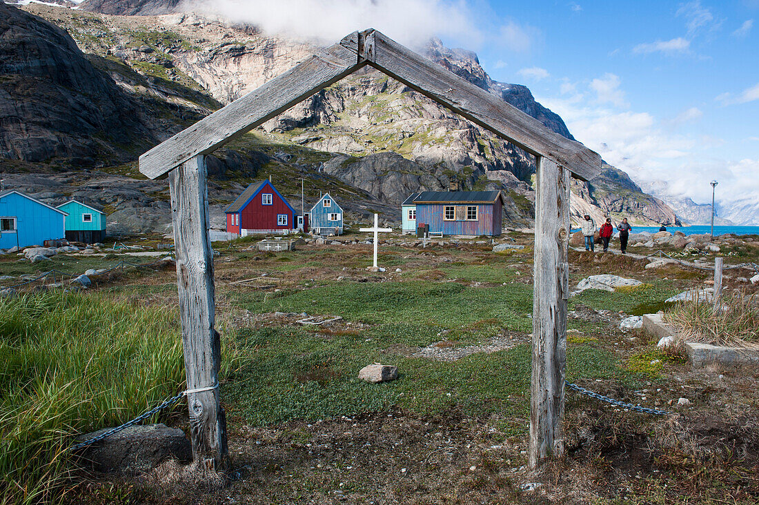 Cross and wooden houses, Augpilagtoq, Prince Christian Sound, Kitaa, Greenland